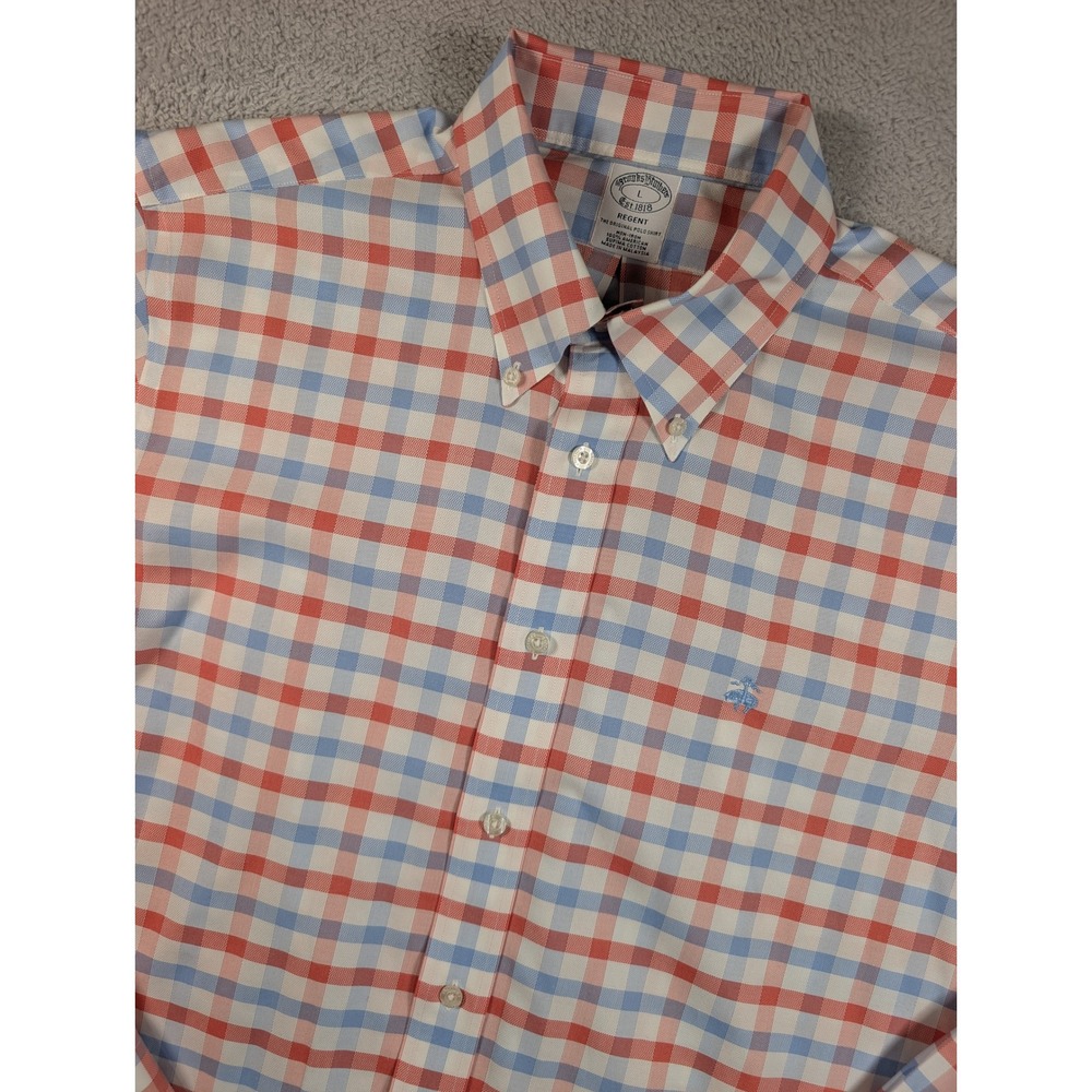 Brooks Brothers Regent Non-Iron Shirt Mens L Orange Blue Gingham Check Cotton